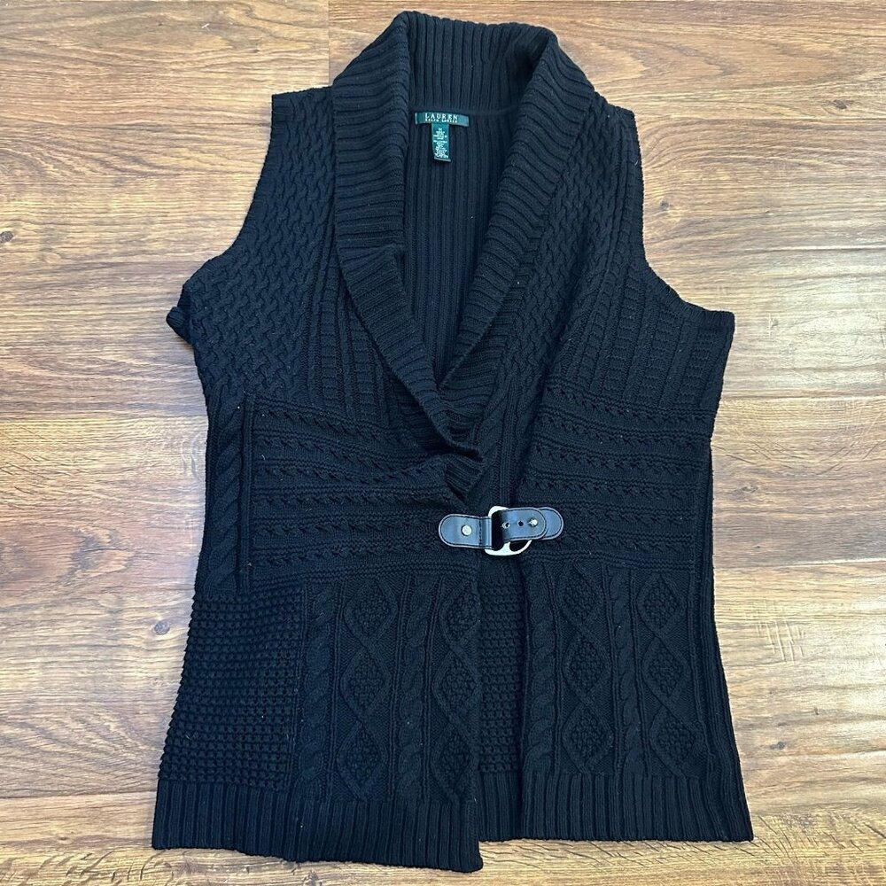 Lauren Ralph Lauren sleeveless cable knit sweater with buckle closure